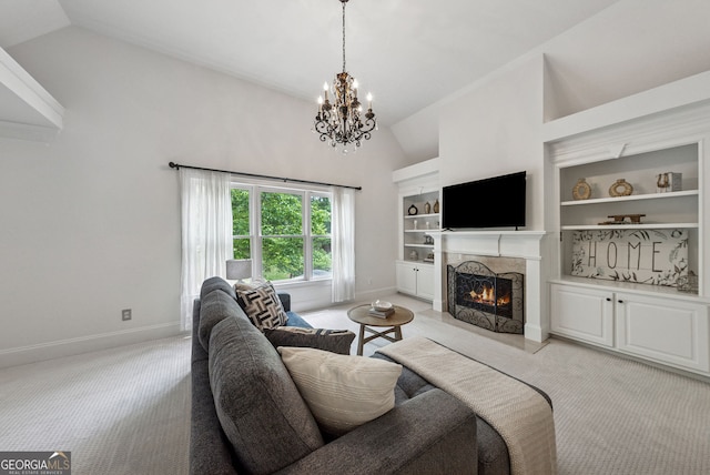 115 Hopewell Grove Dr, Milton, GA 30004 - living room featuring baseboards, a chandelier, a premium fireplace, light colored carpet, and high vaulted ceiling