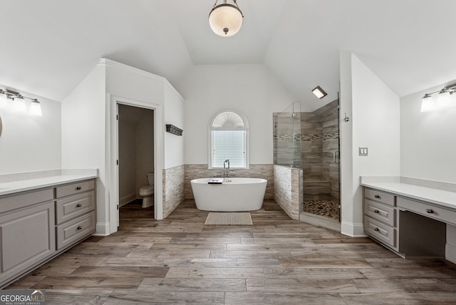 115 Hopewell Grove Dr, Milton, GA 30004 - full bath featuring lofted ceiling, a shower stall, a freestanding tub, toilet, and tile walls