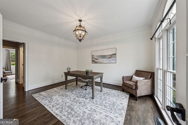 115 Hopewell Grove Dr, Milton, GA 30004 - office featuring ornamental molding, dark wood finished floors, baseboards, and a chandelier
