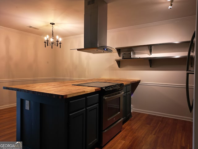 605 Candler St Unit A8, Gainesville, GA 30501 - kitchen featuring wood counters, range with electric stovetop, island exhaust hood, crown molding, and dark wood finished floors