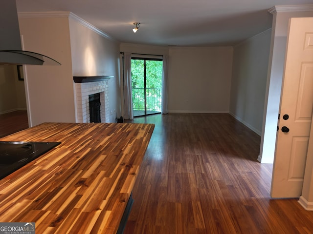 605 Candler St Unit A8, Gainesville, GA 30501 - unfurnished living room featuring dark wood-type flooring, a fireplace, ornamental molding, and baseboards