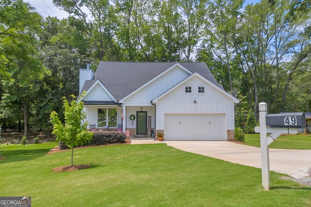 49 Grove Ct, Royston, GA 30662 - modern farmhouse featuring driveway, a garage, a chimney, a front lawn, and a shingled roof
