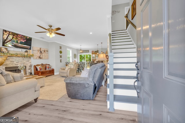 49 Grove Ct, Royston, GA 30662 - living area with a ceiling fan, light wood-type flooring, stairs, recessed lighting, and ornamental molding