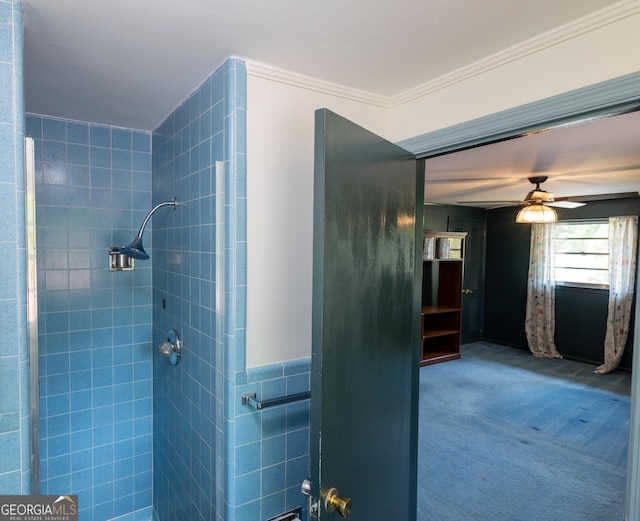 6214 Crestview Dr SE, Covington, GA 30014 - full bath featuring a tile shower, a ceiling fan, and crown molding
