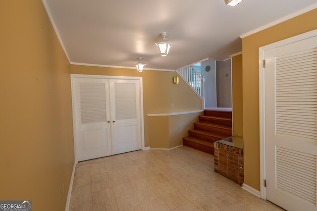 6214 Crestview Dr SE, Covington, GA 30014 - corridor featuring baseboards, stairway, and ornamental molding