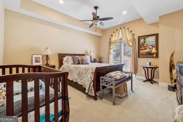 2917 Pointe Dr, Gainesville, GA 30506 - bedroom featuring light colored carpet, recessed lighting, and ceiling fan