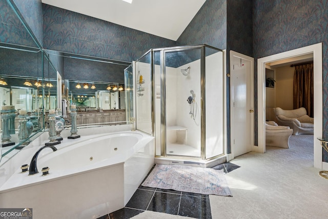 2917 Pointe Dr, Gainesville, GA 30506 - bathroom with a shower stall, wallpapered walls, a tub with jets, and a high ceiling