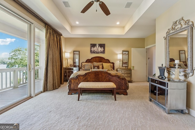 2917 Pointe Dr, Gainesville, GA 30506 - bedroom with access to outside, light colored carpet, a raised ceiling, a ceiling fan, and recessed lighting