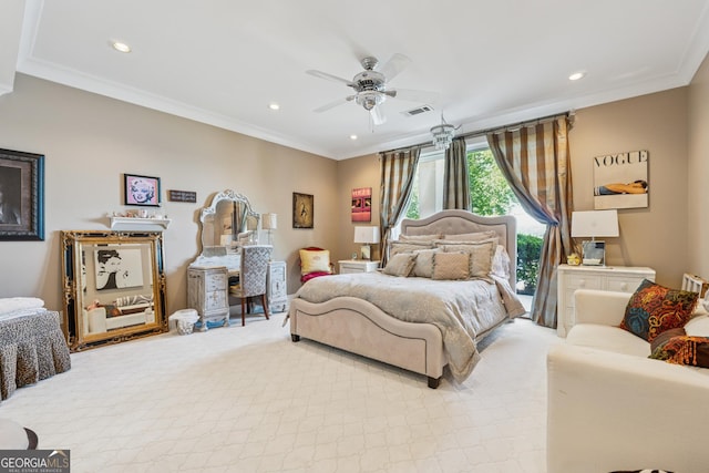 2917 Pointe Dr, Gainesville, GA 30506 - bedroom with ornamental molding, recessed lighting, light colored carpet, and a ceiling fan