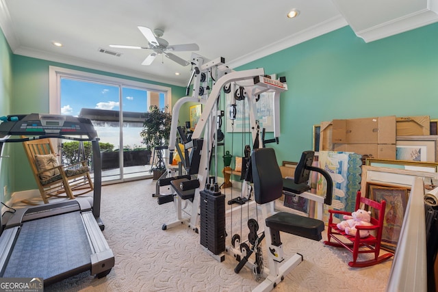 2917 Pointe Dr, Gainesville, GA 30506 - exercise room featuring carpet flooring, a ceiling fan, ornamental molding, and recessed lighting