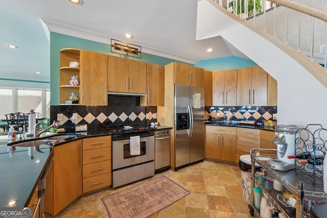 2917 Pointe Dr, Gainesville, GA 30506 - kitchen featuring stainless steel appliances, open shelves, dark countertops, ornamental molding, and under cabinet range hood