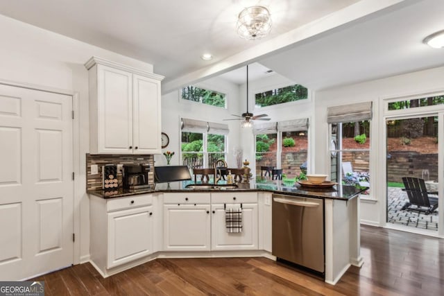 107 W Point Trl, Woodstock, GA 30189 - kitchen featuring dishwasher, a sink, a ceiling fan, a peninsula, and white cabinetry