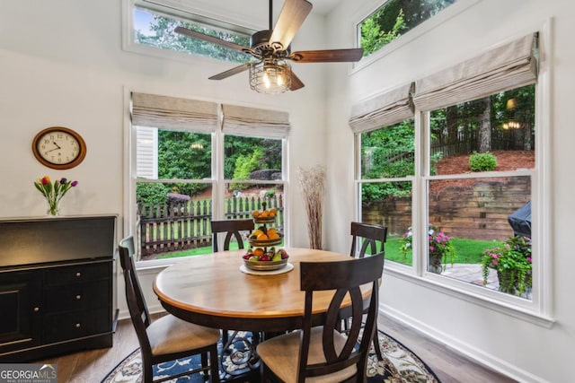107 W Point Trl, Woodstock, GA 30189 - dining room with wood finished floors, a ceiling fan, and baseboards
