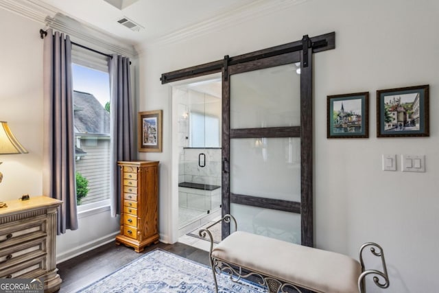 107 W Point Trl, Woodstock, GA 30189 - full bathroom featuring wood finished floors, vanity, crown molding, a shower stall, and baseboards