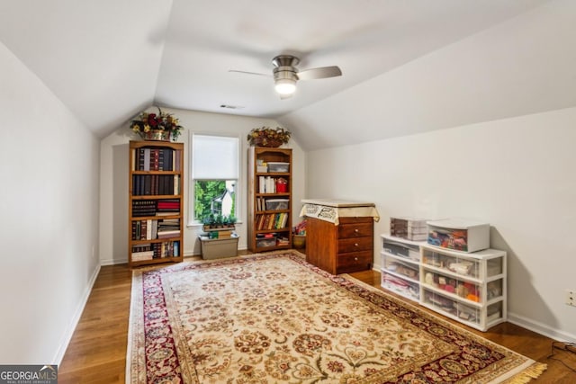 107 W Point Trl, Woodstock, GA 30189 - office area featuring lofted ceiling, wood finished floors, ceiling fan, and baseboards