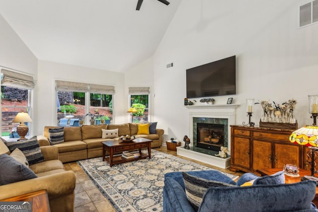 107 W Point Trl, Woodstock, GA 30189 - living area featuring high vaulted ceiling, a premium fireplace, and a ceiling fan