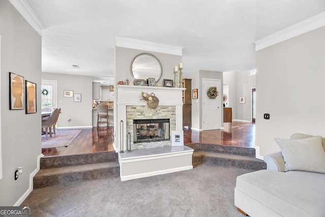 81 Maple Creek Dr, Newnan, GA 30263 - carpeted living room with crown molding, wood finished floors, baseboards, and a stone fireplace