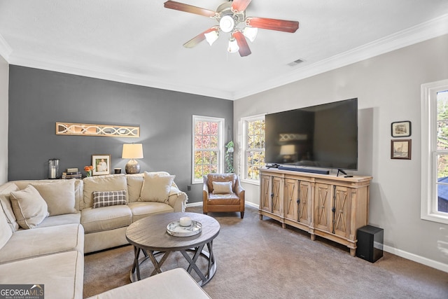 81 Maple Creek Dr, Newnan, GA 30263 - living room with ceiling fan, ornamental molding, baseboards, and carpet flooring
