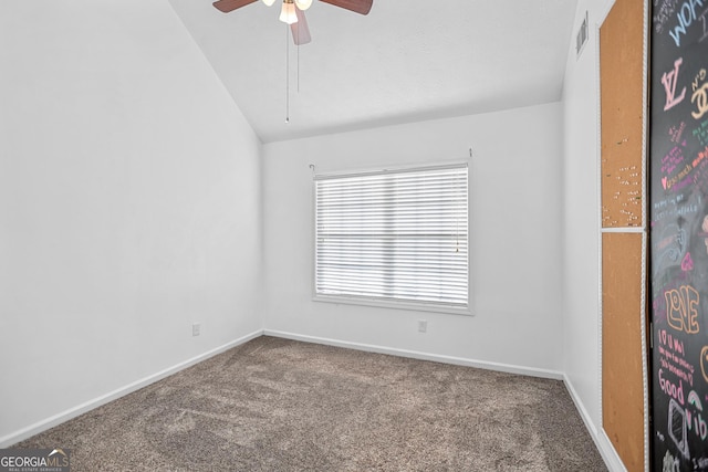 81 Maple Creek Dr, Newnan, GA 30263 - unfurnished room featuring carpet, ceiling fan, lofted ceiling, and baseboards