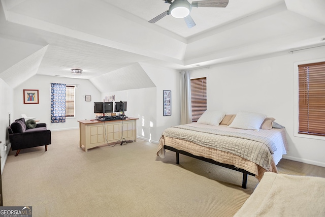 81 Maple Creek Dr, Newnan, GA 30263 - bedroom featuring light carpet, vaulted ceiling, baseboards, and ceiling fan
