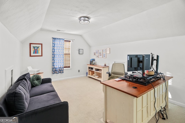 81 Maple Creek Dr, Newnan, GA 30263 - office featuring light carpet, lofted ceiling, baseboards, and a textured ceiling