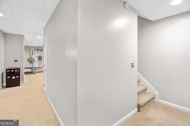 81 Maple Creek Dr, Newnan, GA 30263 - hall with carpet, a paneled ceiling, baseboards, recessed lighting, and stairway
