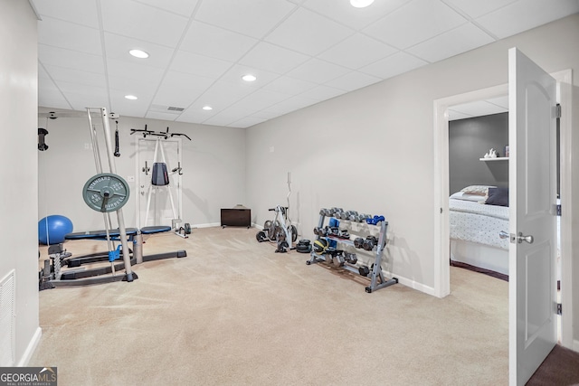 81 Maple Creek Dr, Newnan, GA 30263 - exercise room featuring carpet flooring, baseboards, recessed lighting, and a drop ceiling