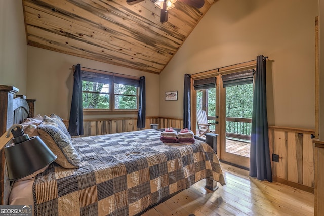 1061 Fir Ln, Ellijay, GA 30540 - bedroom with vaulted ceiling, access to outside, a wainscoted wall, wood ceiling, and hardwood / wood-style floors