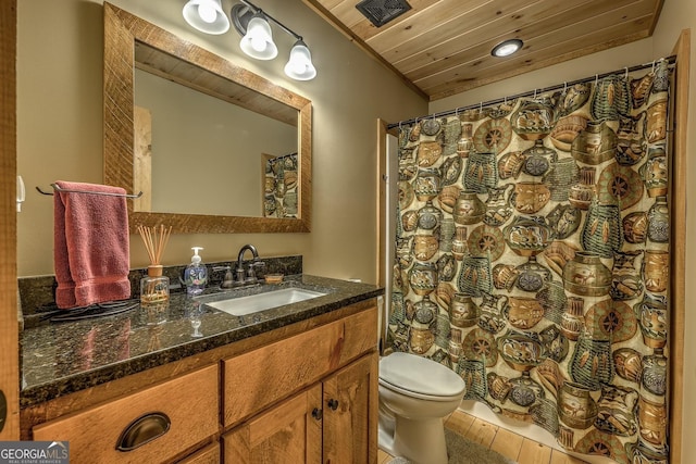 1061 Fir Ln, Ellijay, GA 30540 - bathroom featuring toilet, vanity, wooden ceiling, and curtained shower