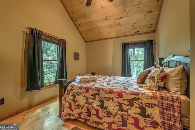 1061 Fir Ln, Ellijay, GA 30540 - bedroom with light wood-style flooring, multiple windows, vaulted ceiling, wood ceiling, and baseboards