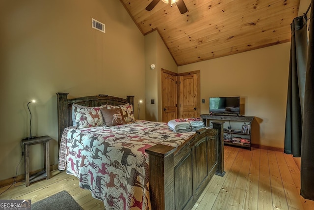 1061 Fir Ln, Ellijay, GA 30540 - bedroom featuring vaulted ceiling, light wood-style flooring, wood ceiling, a ceiling fan, and baseboards