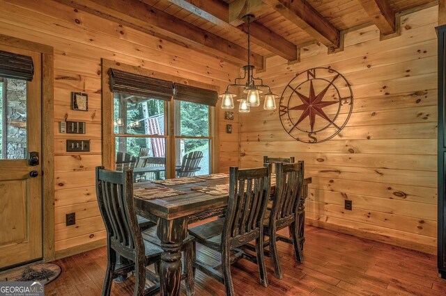 1061 Fir Ln, Ellijay, GA 30540 - dining area featuring wooden ceiling with exposed beams, wooden walls, hardwood / wood-style flooring, and a chandelier