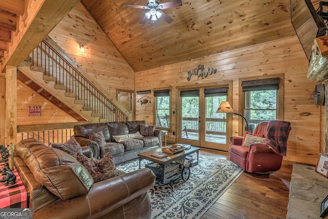 1061 Fir Ln, Ellijay, GA 30540 - living area featuring wooden walls, high vaulted ceiling, hardwood / wood-style flooring, wooden ceiling, and a ceiling fan