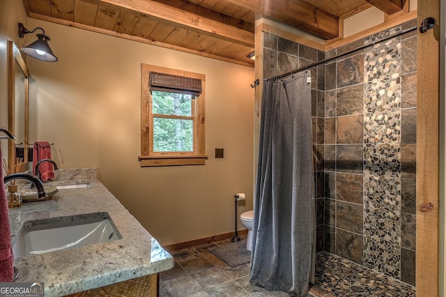 1061 Fir Ln, Ellijay, GA 30540 - bathroom with wooden ceiling with exposed beams, tiled shower, double vanity, stone finish floors, and toilet