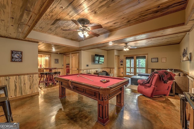 1061 Fir Ln, Ellijay, GA 30540 - recreation room featuring wooden ceiling, concrete flooring, a wainscoted wall, ceiling fan, and billiards