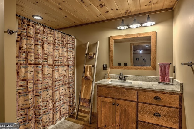 1061 Fir Ln, Ellijay, GA 30540 - full bathroom featuring vanity, crown molding, a shower with curtain, and wood ceiling
