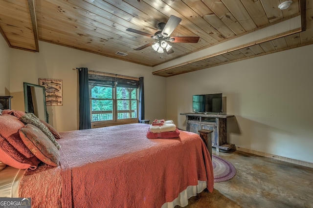 1061 Fir Ln, Ellijay, GA 30540 - bedroom featuring wood ceiling, concrete floors, a fireplace, and a ceiling fan