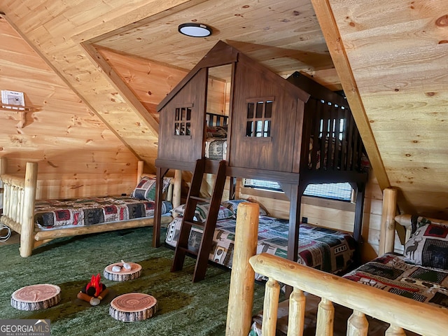 1061 Fir Ln, Ellijay, GA 30540 - carpeted bedroom featuring wooden ceiling, lofted ceiling, and wooden walls