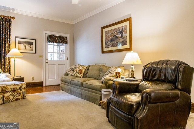 15 Westover Dr SW, Rome, GA 30165 - living room featuring crown molding, a ceiling fan, baseboards, and wood finished floors