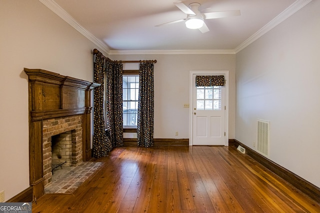 15 Westover Dr SW, Rome, GA 30165 - unfurnished living room featuring hardwood / wood-style floors, a ceiling fan, a fireplace, ornamental molding, and baseboards