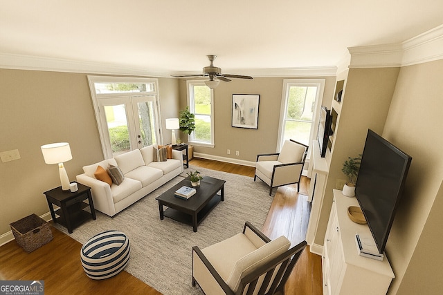 3641 Ridge Towne Dr, Duluth, GA 30096 - living area with wood finished floors, ornamental molding, and ceiling fan