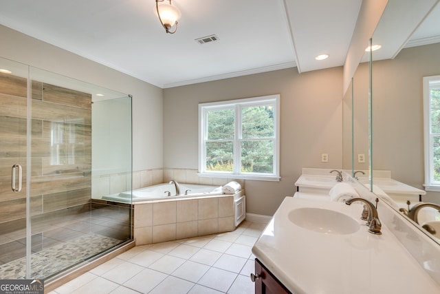 3641 Ridge Towne Dr, Duluth, GA 30096 - bathroom with healthy amount of natural light, double vanity, a bath, tile patterned floors, and crown molding