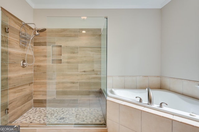 3641 Ridge Towne Dr, Duluth, GA 30096 - bathroom featuring a stall shower, a bath, and crown molding
