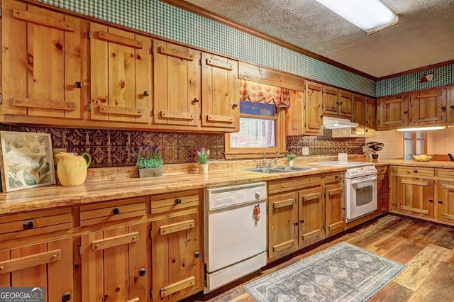 3452 Monica Ln SW, Conyers, GA 30094 - kitchen featuring white appliances, under cabinet range hood, a sink, and light countertops