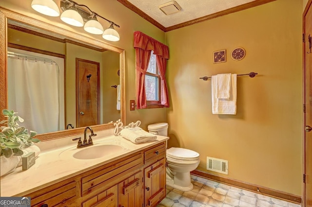 3452 Monica Ln SW, Conyers, GA 30094 - bathroom with crown molding, toilet, vanity, baseboards, and a textured ceiling