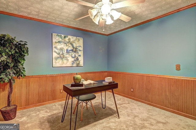 3452 Monica Ln SW, Conyers, GA 30094 - home office featuring a wainscoted wall, carpet, wooden walls, and a ceiling fan