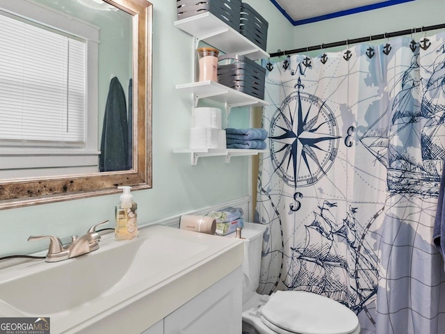 1 Donley Dr NW, Rome, GA 30165 - bathroom featuring vanity, a shower with shower curtain, and toilet