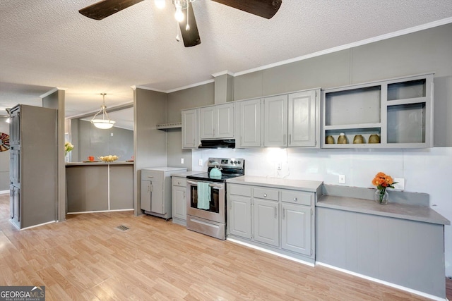 4040 US Highway 25 N, Hephzibah, GA 30815 - kitchen featuring stainless steel electric range, a ceiling fan, exhaust hood, a textured ceiling, and light wood finished floors