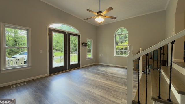 253 Yonah Valley Rd, Cleveland, GA 30528 - foyer with french doors, crown molding, wood finished floors, stairway, and lofted ceiling