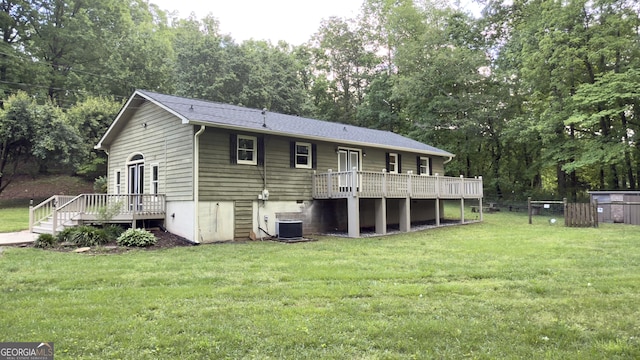 253 Yonah Valley Rd, Cleveland, GA 30528 - rear view of house with a wooden deck, view of wooded area, and cooling unit